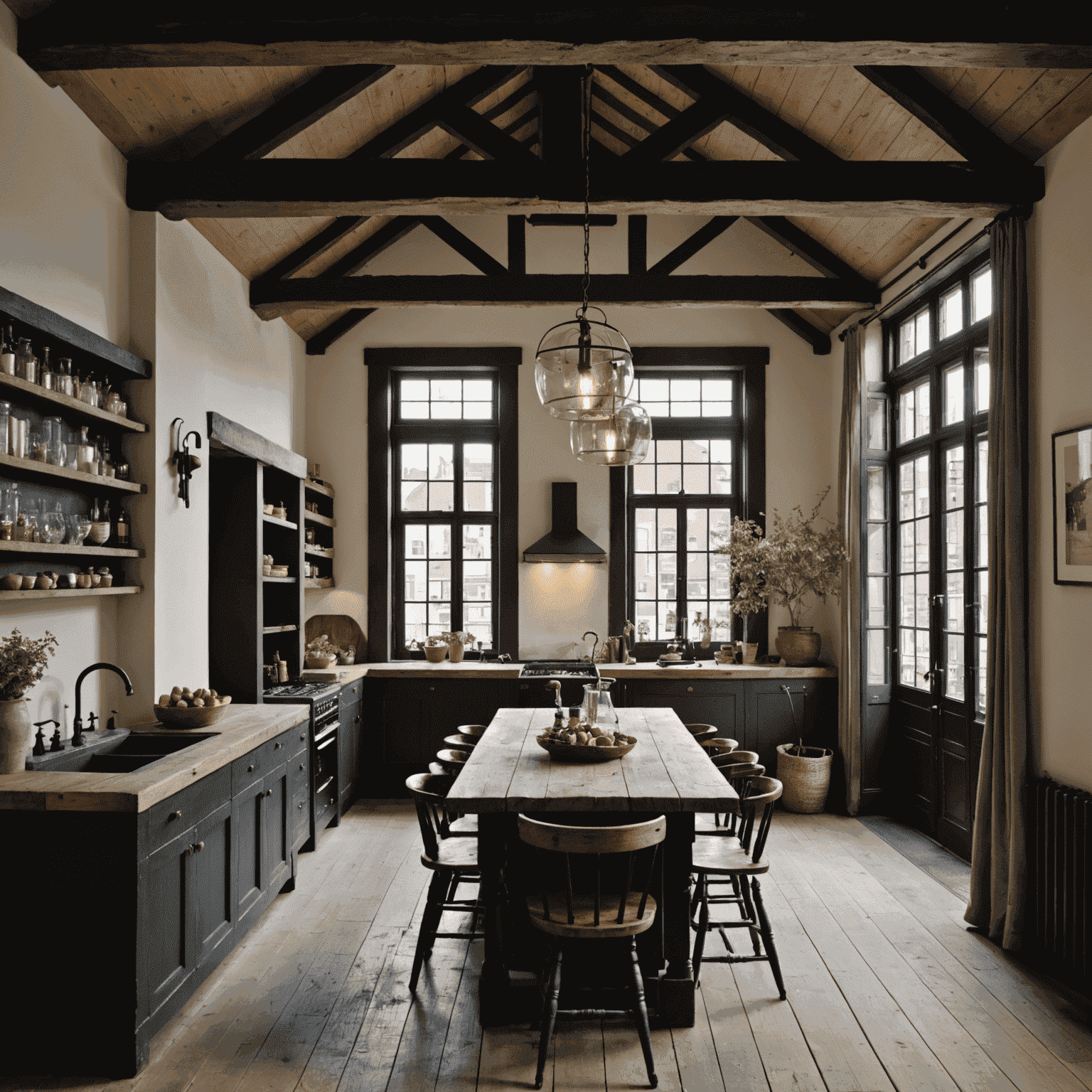 Een gerestaureerd 17e-eeuws grachtenpand in Amsterdam, met originele houten balken en moderne inrichting, illustrerend de perfecte mix van oud en nieuw