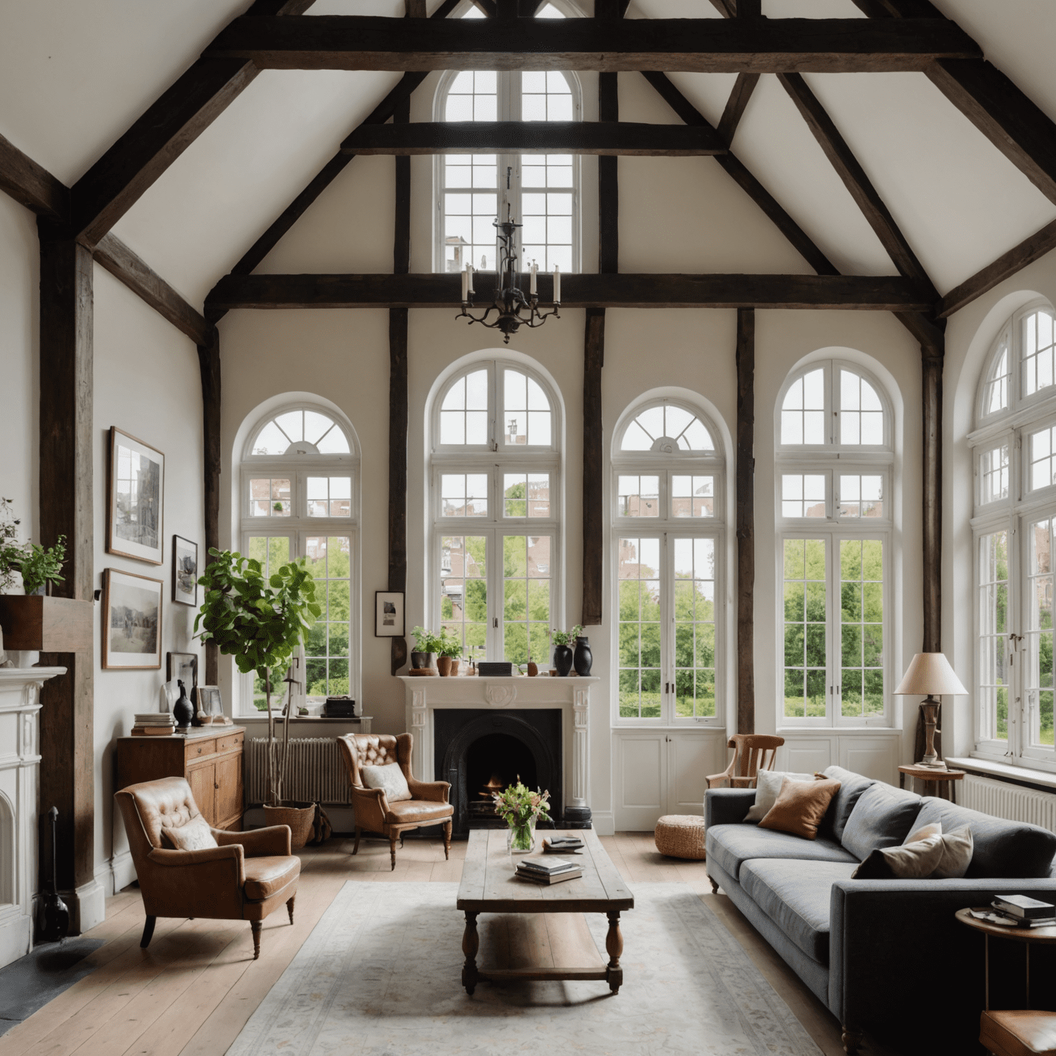 Een prachtig gerestaureerd herenhuis in Haarlem, met originele houten balken en moderne inrichting. De foto toont een ruime woonkamer met hoge plafonds, grote ramen die veel natuurlijk licht binnenlaten, en een perfecte mix van antieke meubels en hedendaagse kunstwerken.