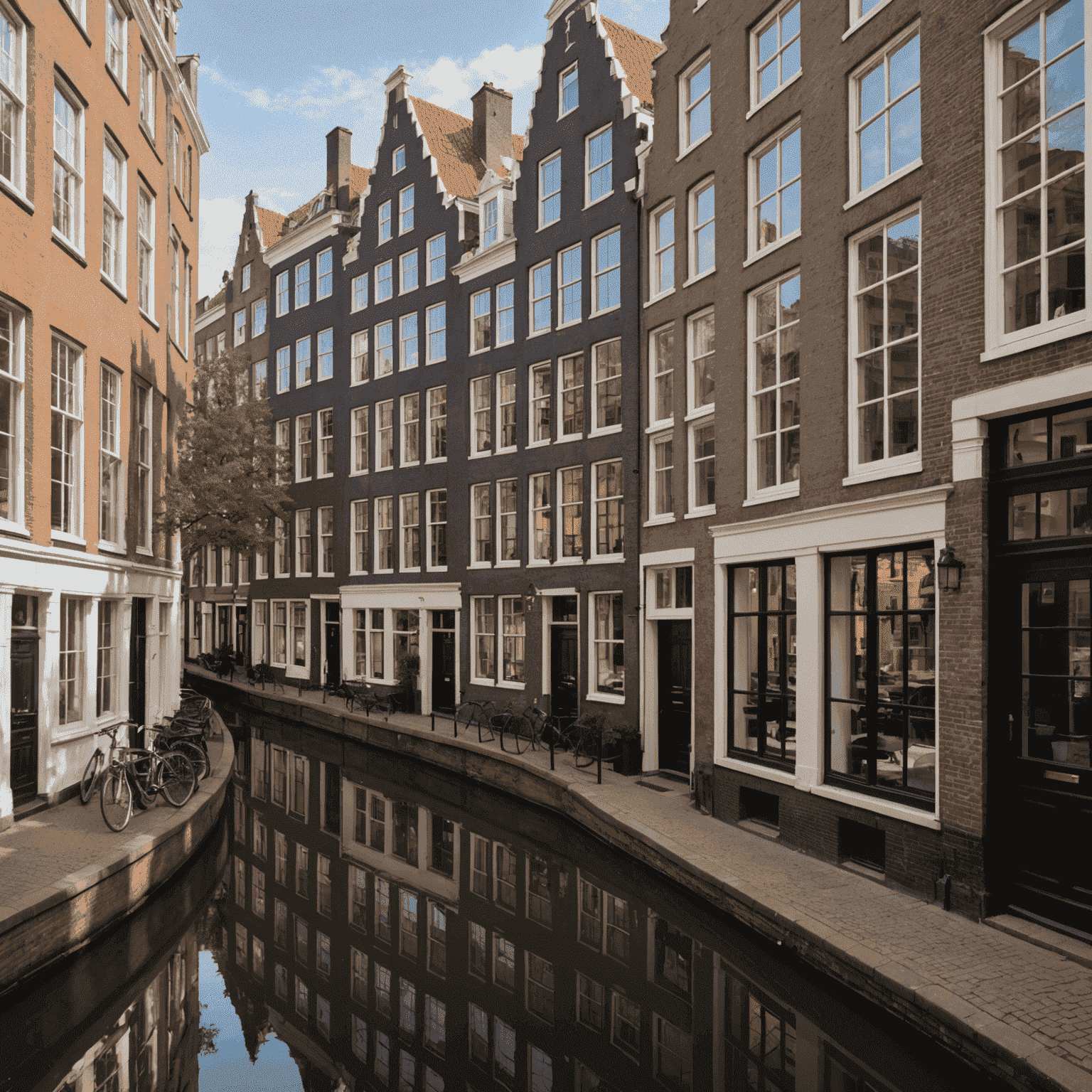 Historische grachtenpanden in Utrecht met typische Nederlandse architectuur, smalle gevels en grote ramen die het kanaal weerspiegelen