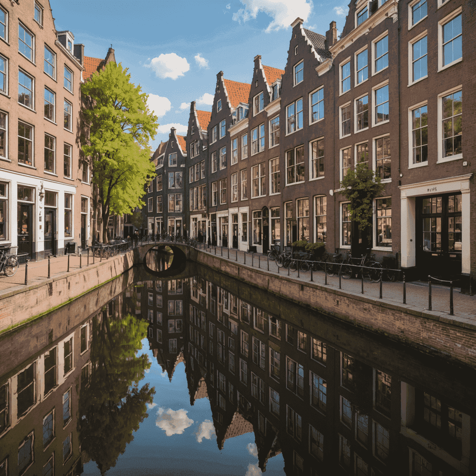Panoramisch uitzicht op de grachten van Utrecht met historische grachtenhuizen aan weerszijden, weerspiegeld in het kalme water