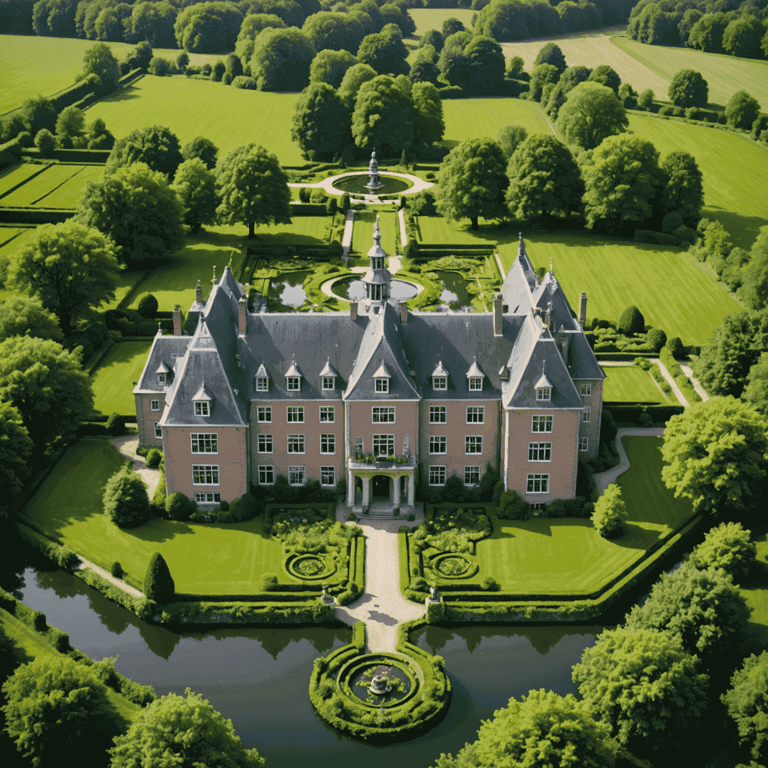 Een panoramisch uitzicht op een majestueus Fries landhuis, omringd door weelderige tuinen en een karakteristieke gracht