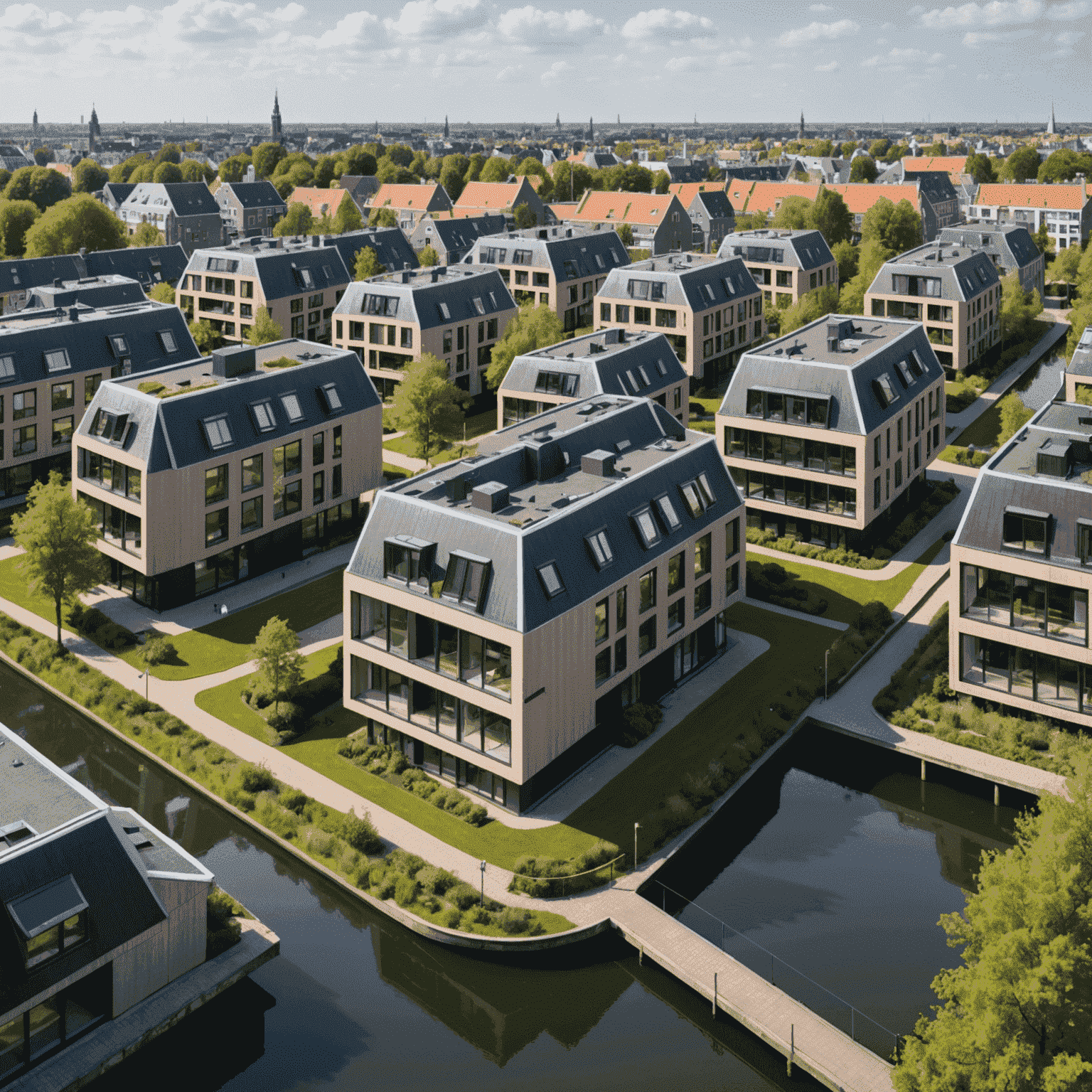 Panoramisch uitzicht op een moderne Nederlandse woonwijk met innovatieve architectuur die naadloos aansluit bij de historische omgeving