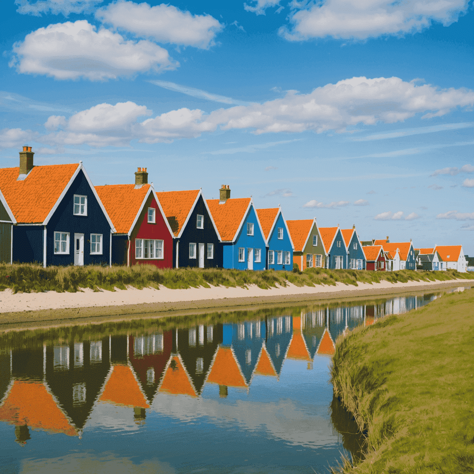 Panoramisch uitzicht op een rij kleurrijke Zeeuwse kusthuisjes met op de achtergrond de Noordzee. De huisjes hebben karakteristieke puntdaken en zijn geschilderd in levendige kleuren zoals geel, blauw en rood.