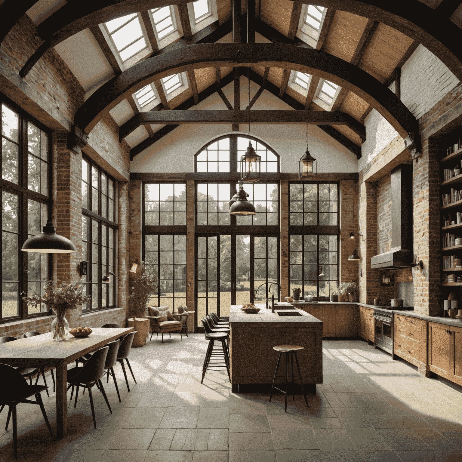 Een gemoderniseerde Nederlandse monumentale woning met behoud van authentieke elementen zoals houten balken en bakstenen muren, gecombineerd met moderne ramen en verlichting