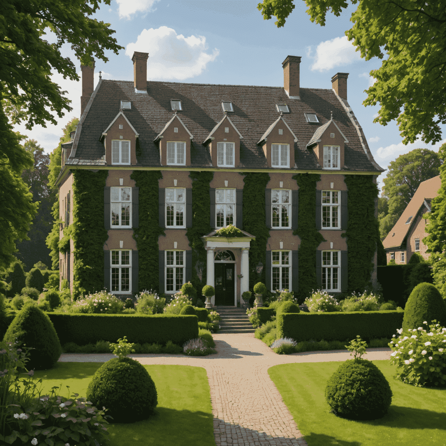Statig Fries landhuis omringd door weelderige tuinen, met een indrukwekkende façade en historische details
