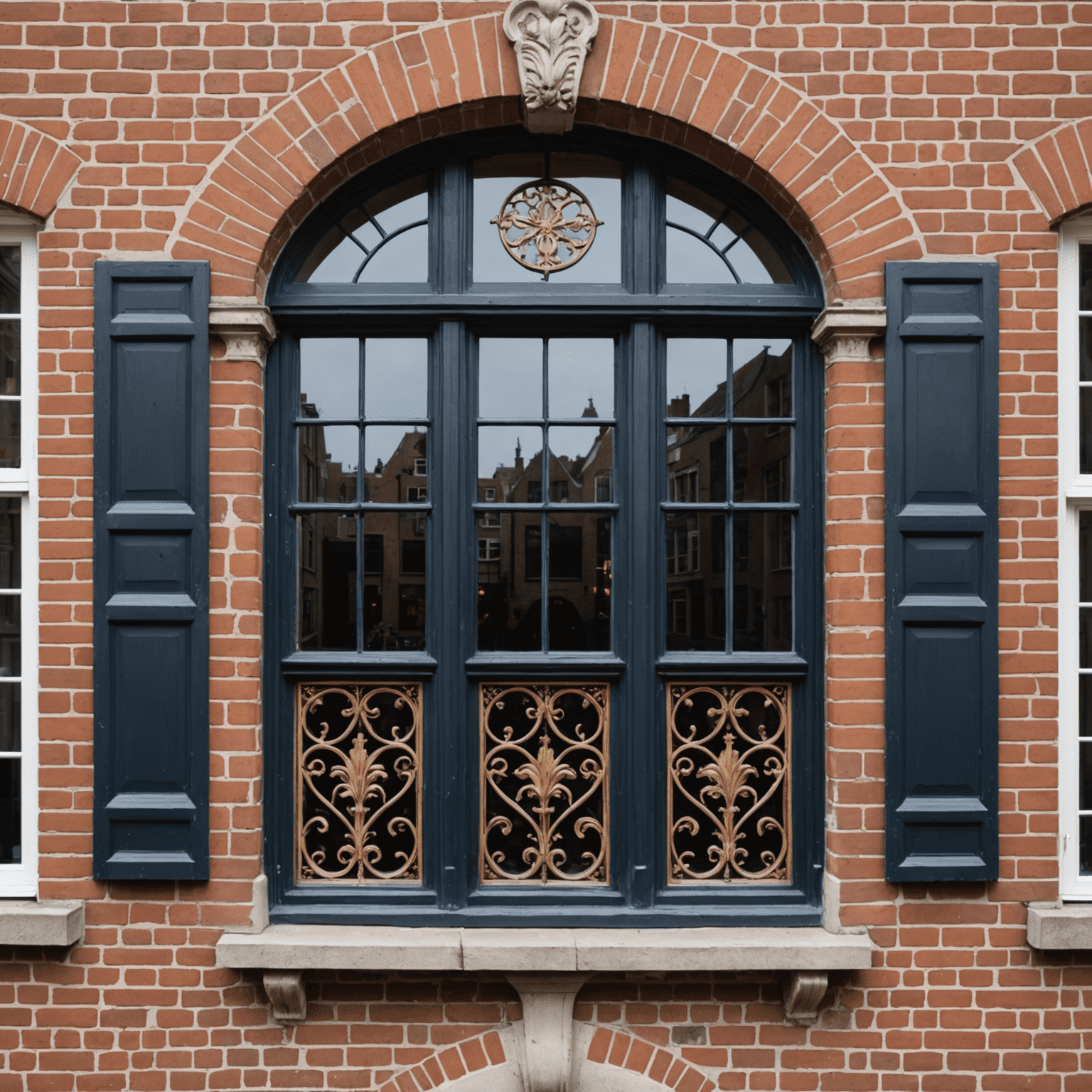 Close-up van een gerestaureerde 17e-eeuwse grachtenhuis gevel in Utrecht, met gedetailleerde ornamenten en originele raampartijen