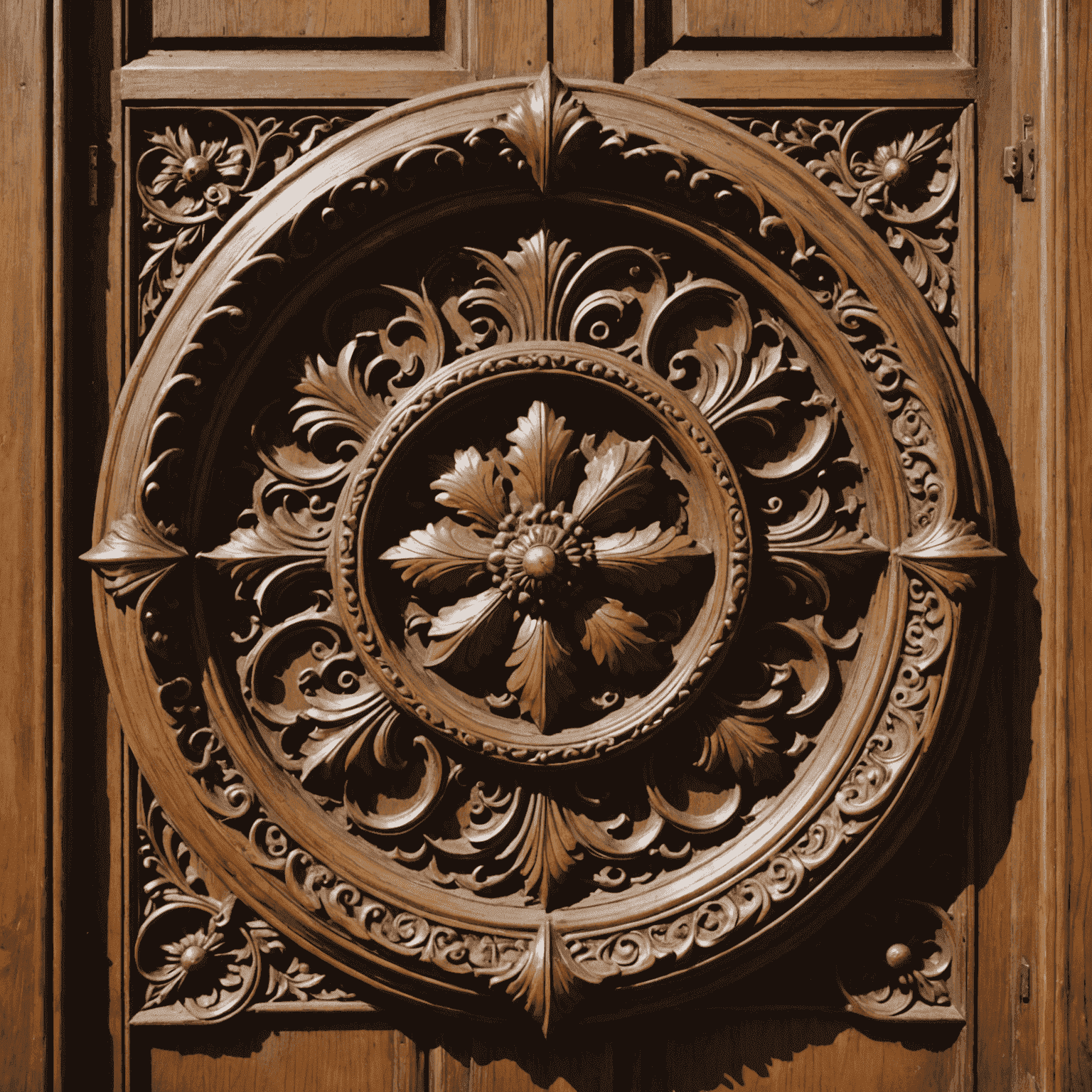 Een close-up van intricate houtsnijwerk details op een antieke deur van een Fries landhuis