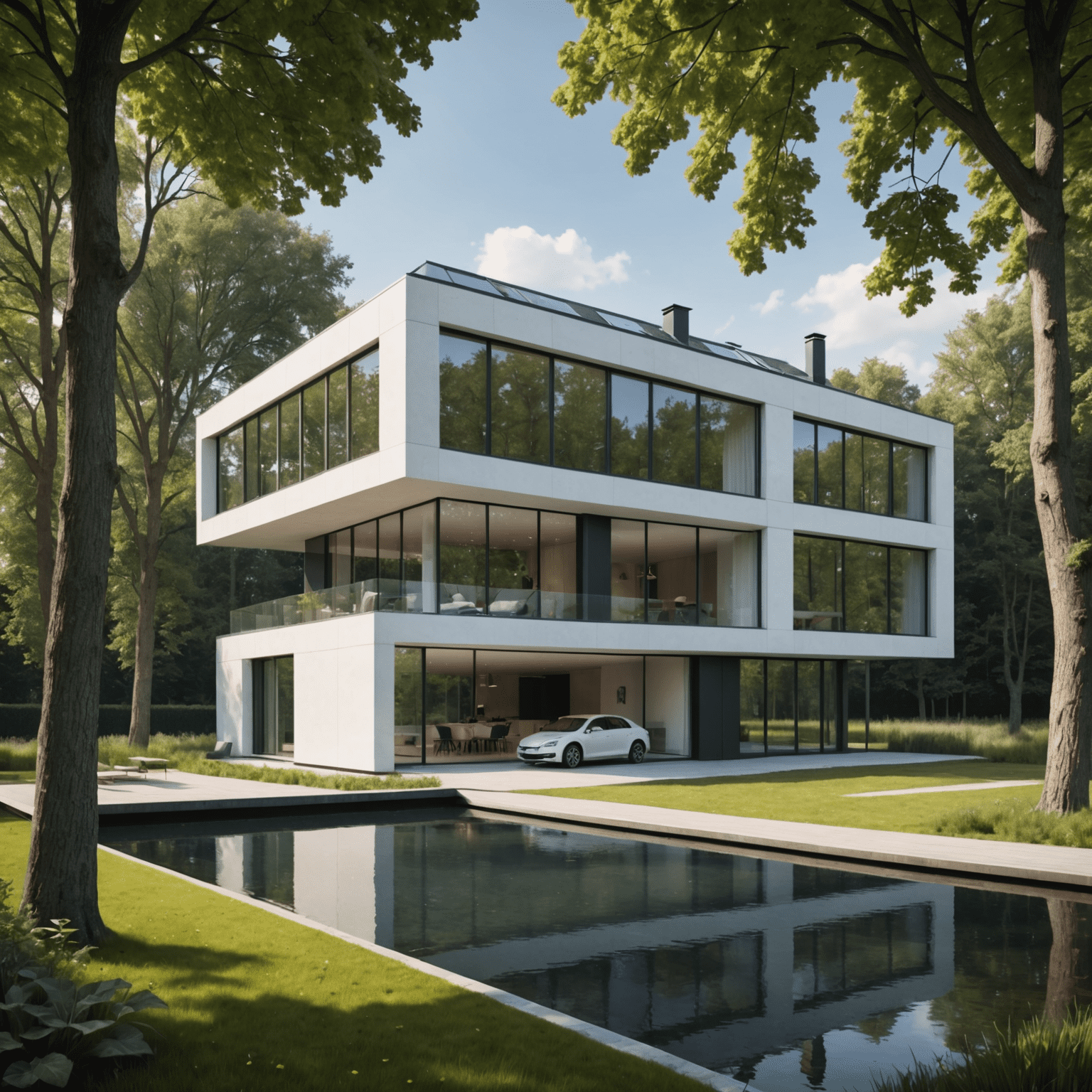 Futuristisch Nederlands woonhuis met duurzame materialen, grote glaspartijen en een harmonieuze integratie in de omgeving
