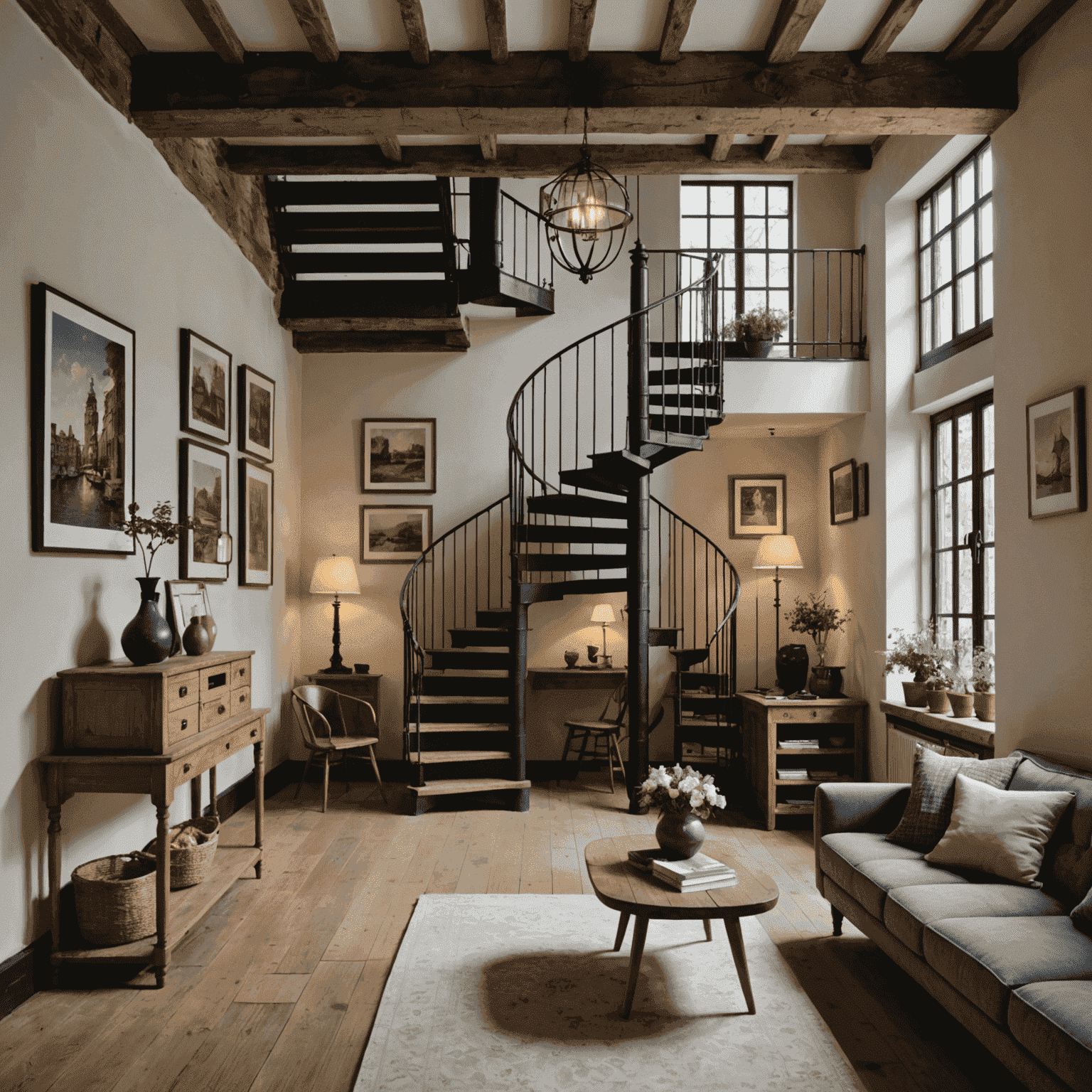 Interieur van een gerestaureerd grachtenhuis met originele houten balken, een wenteltrap en moderne inrichting die contrasteert met de historische elementen