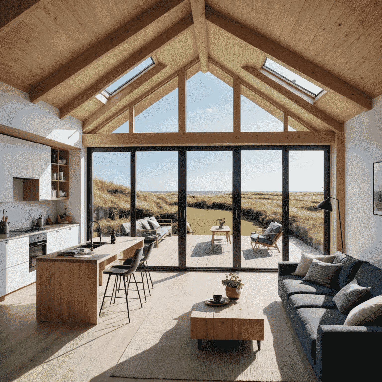 Een modern gerenoveerd Zeeuws kusthuisje met zonnepanelen op het dak, grote ramen met dubbel glas, en een verhoogd terras met uitzicht op zee. De traditionele vorm is behouden, maar moderne materialen zijn zichtbaar gebruikt.