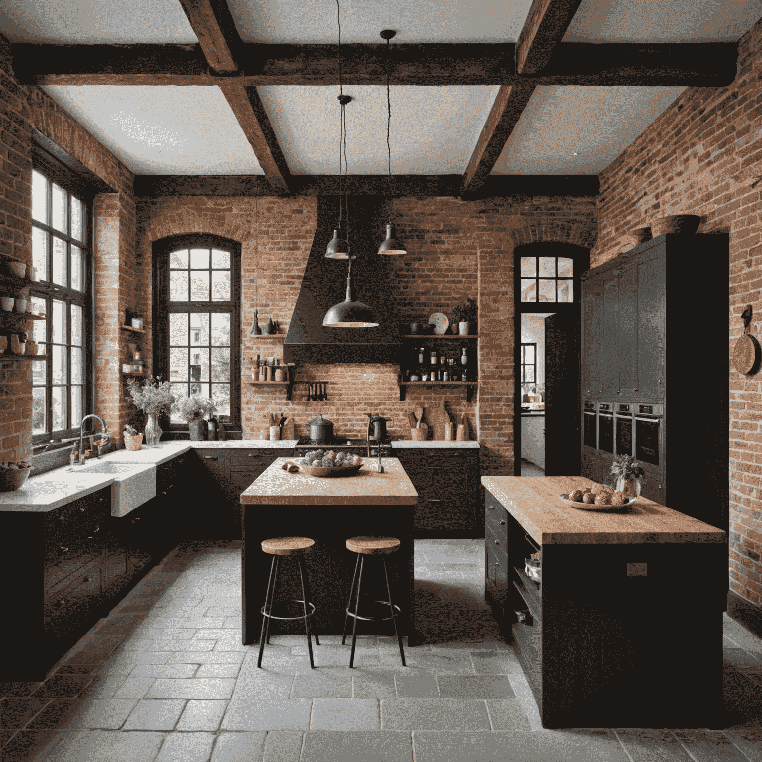 Een moderne open keuken geïntegreerd in een historische Nederlandse woning, met behoud van originele balken en een bakstenen muur