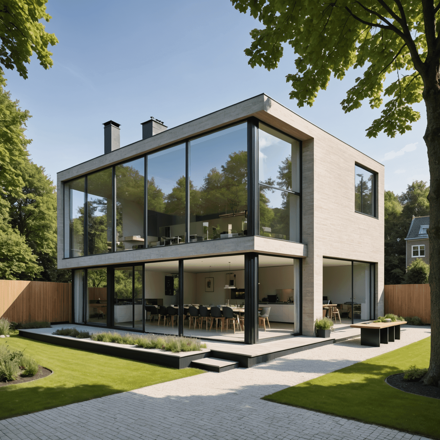 Ultramodern Nederlands huis met strakke lijnen, grote glaspartijen en duurzame materialen, harmonieus geïntegreerd in een historische omgeving