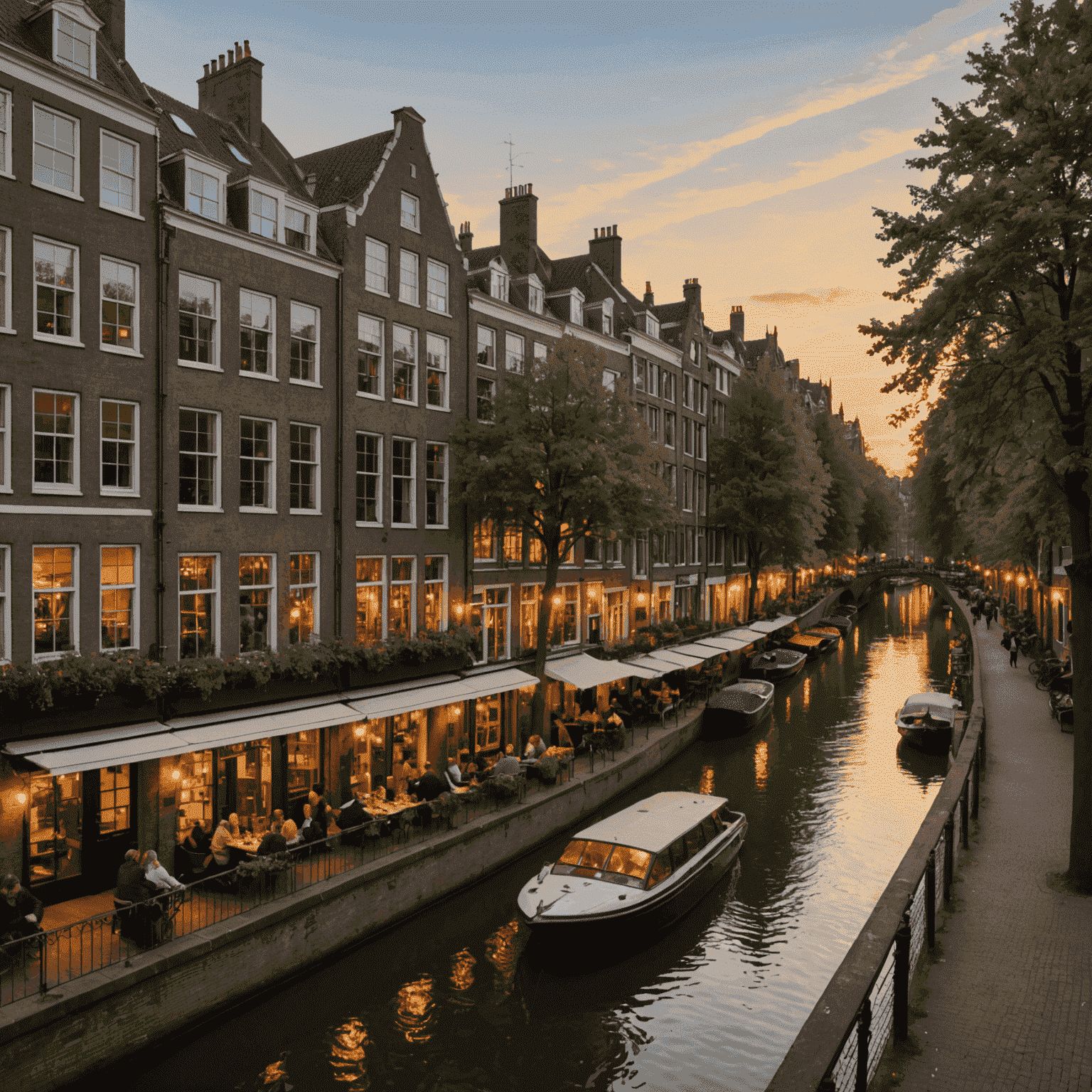 Uitzicht vanuit een grachtenhuis over de Oudegracht in Utrecht bij zonsondergang, met boten die voorbij varen en terrassen langs het water