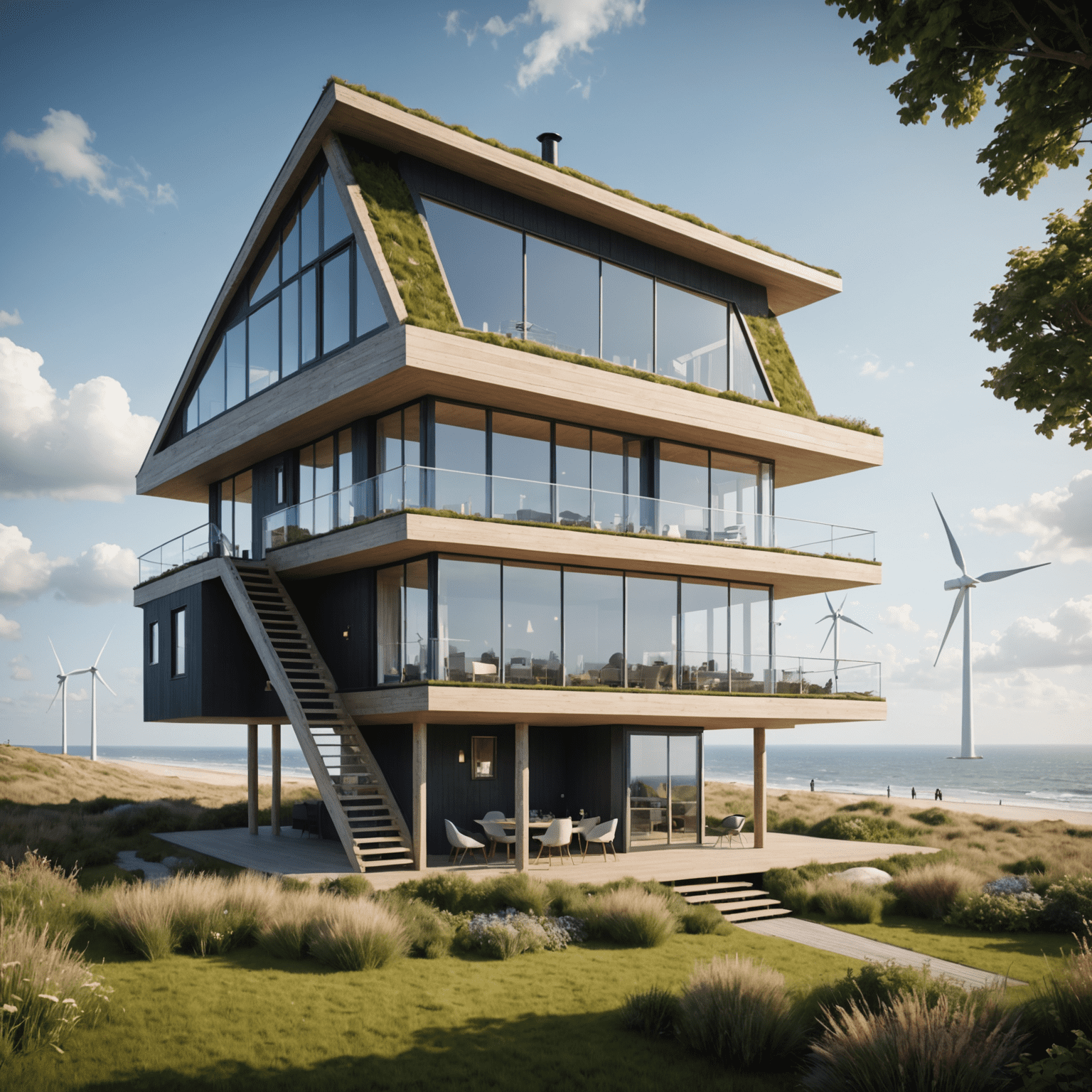Een futuristisch ontwerp van een Zeeuws kusthuisje met een verhoogde constructie op palen, volledig energie-neutraal met geïntegreerde windturbines en een groendak. De traditionele vorm is nog herkenbaar, maar het ontwerp is duidelijk toekomstgericht.