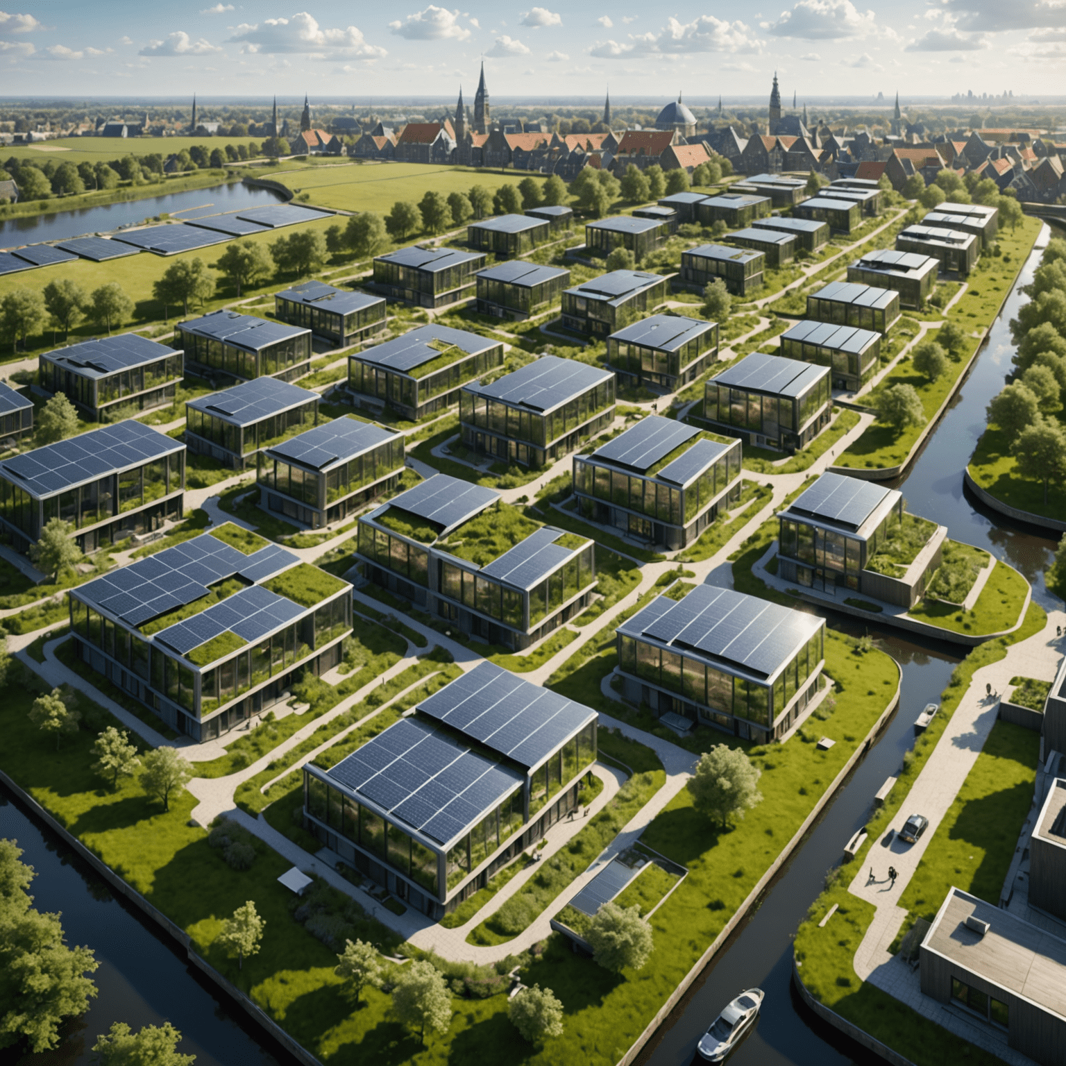 Futuristische eco-wijk met zonnepanelen en groene daken, harmonieus geïntegreerd in een historisch Nederlands landschap